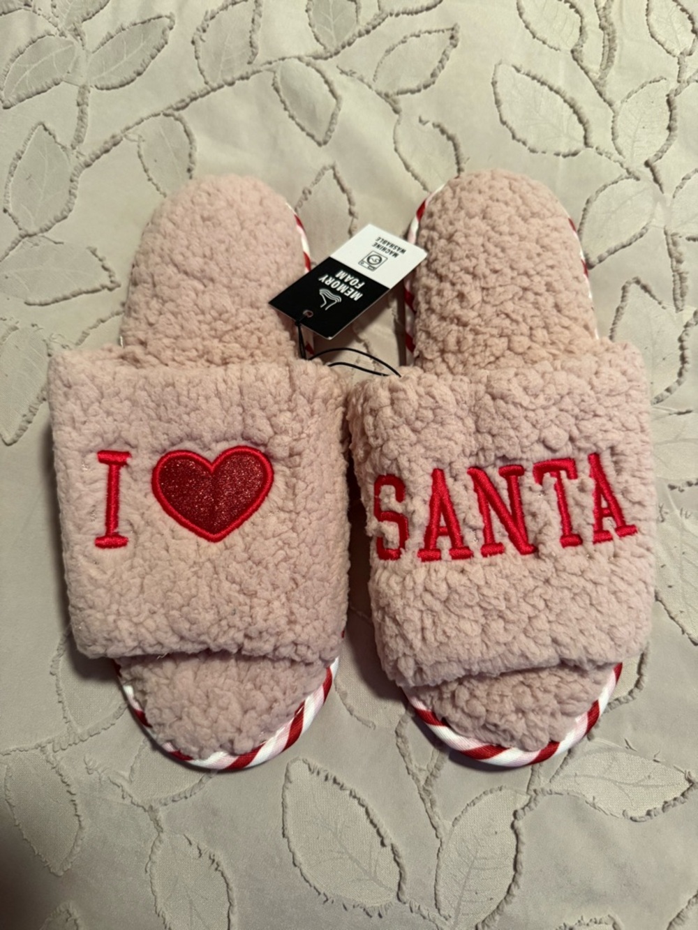 I ♥ SANTA Pink Fuzzy Slide Slippers
